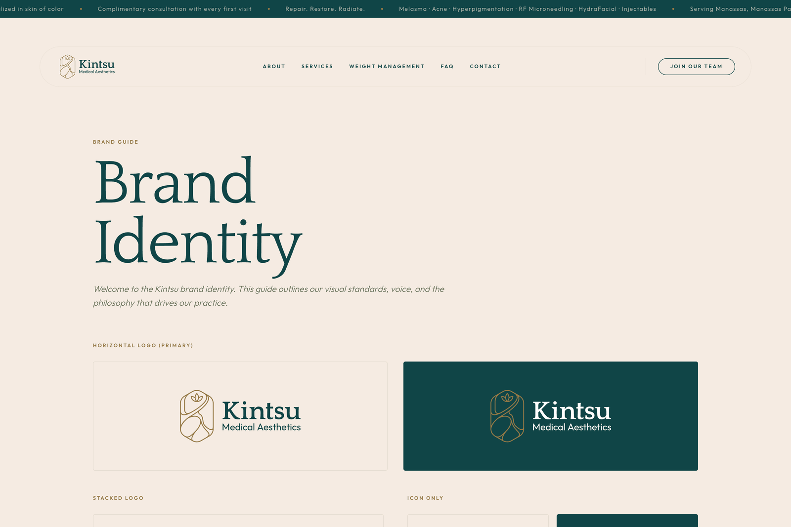 The Kintsu brand-identity page: a serif Brand Identity heading, an intro on visual standards and voice, and the horizontal Kintsu Medical Aesthetics logo shown on a light cream surface and on a deep teal surface.